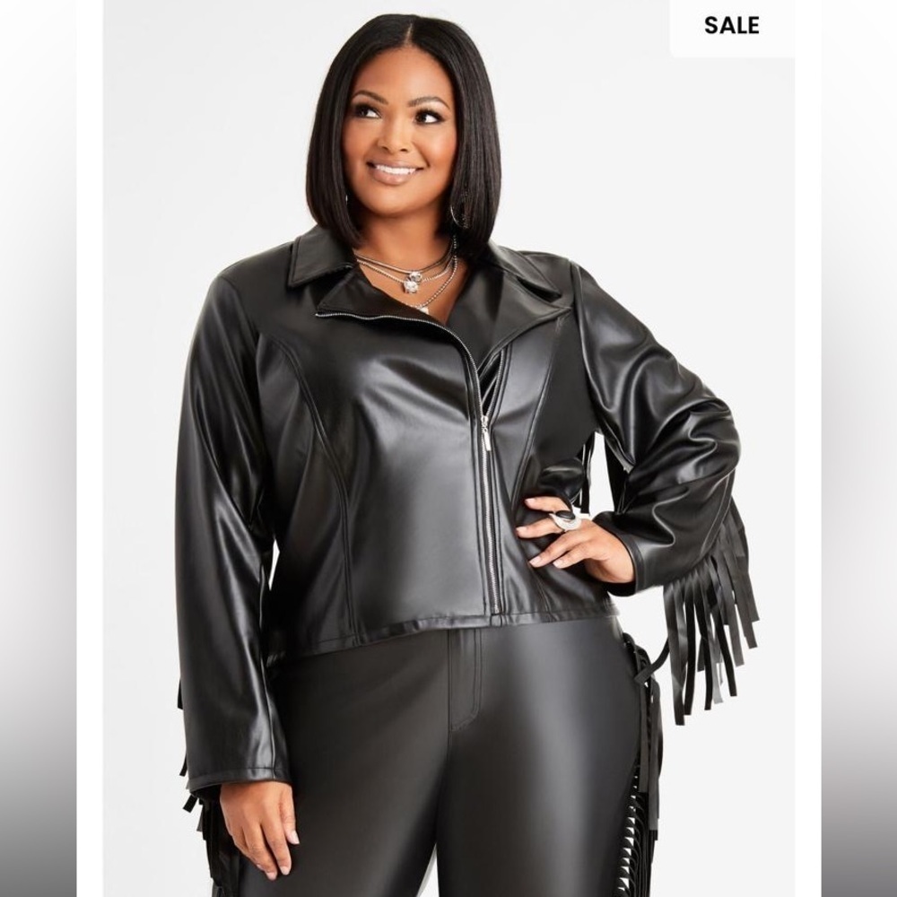 Ashley Stewart Black Faux Leather Fringe Moto Biker Jacket Plus Size 16